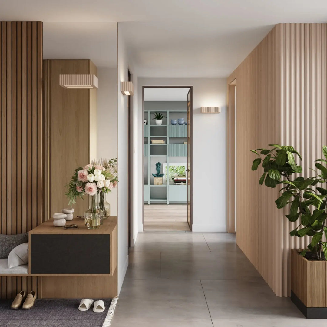 Console en bois moderne avec tiroir noir mat minimaliste et vases décoratifs, mettant en valeur l’applique murale rigata en céramique taupe