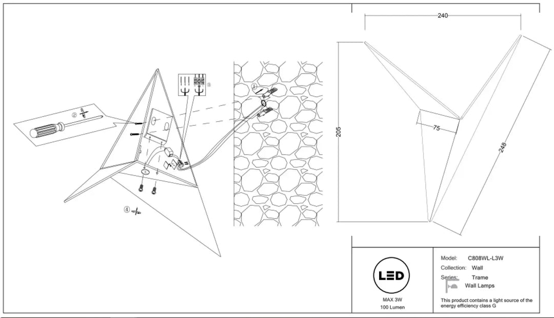 Applique murale led triangulaire trame origami avec cadre métallique design moderne et épuré