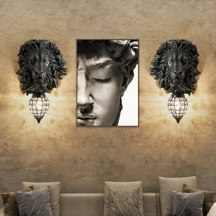 Applique murale lion tête sculptée lumineuse effet sculptural