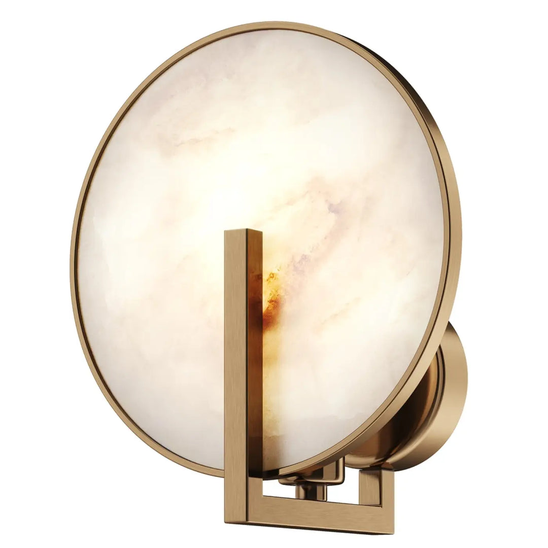 Applique murale marmo disque en onyx chaud avec cadre en laiton brossé et structure géométrique design