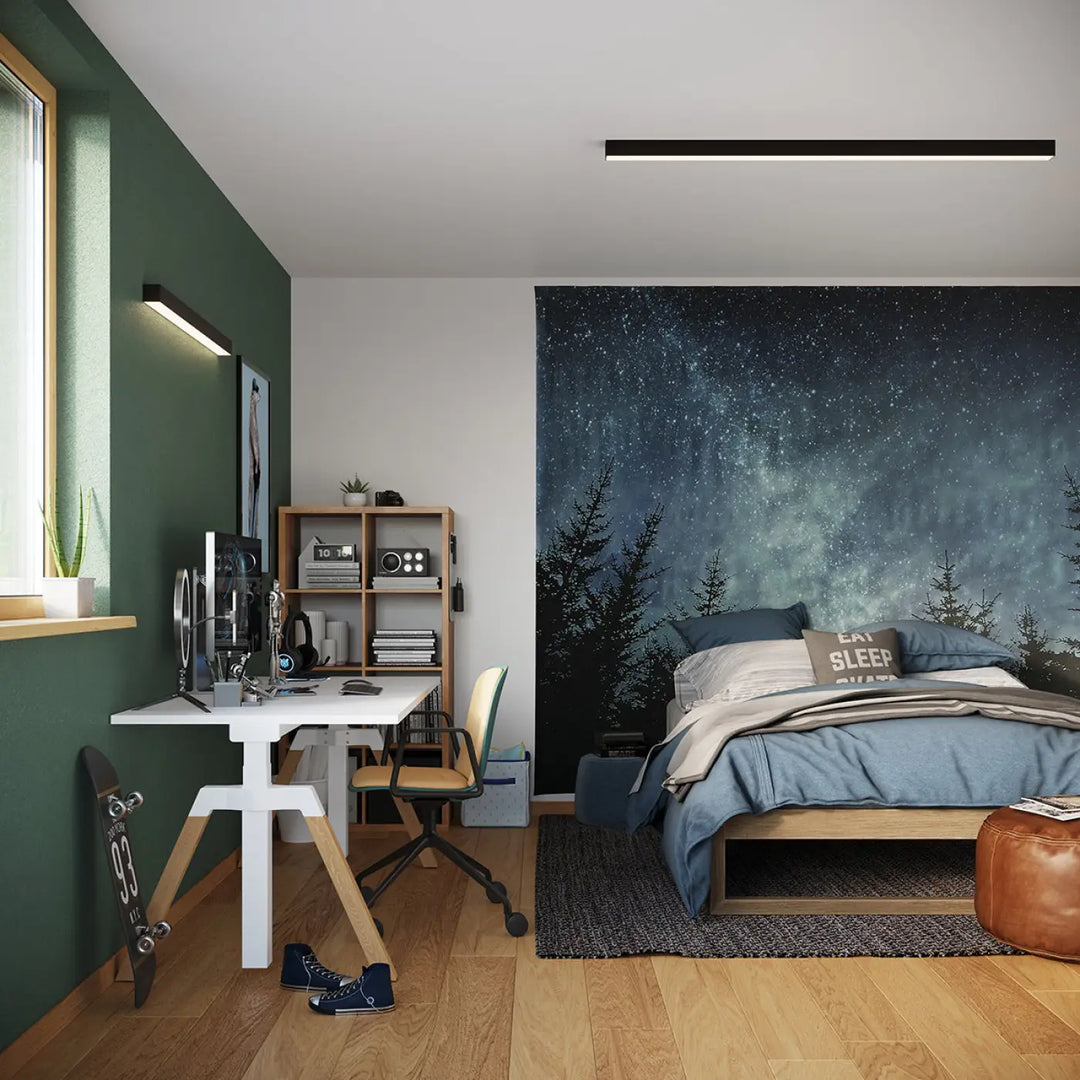 Luminaire plafonnier pinne 90 noir avec ensemble de literie bleu et jeté cosy parfait pour bureau à domicile et paramètres d’éclairage