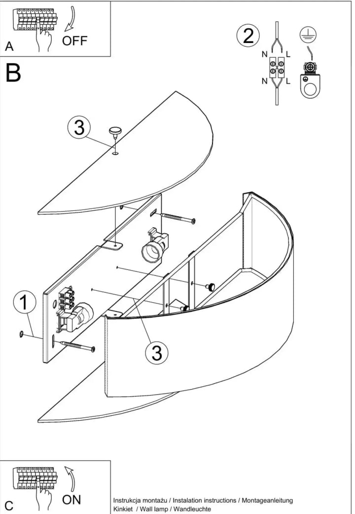 Applique murale skala noire incurvée en acier industriel avec design minimaliste et pièces métalliques étiquetées pour installation