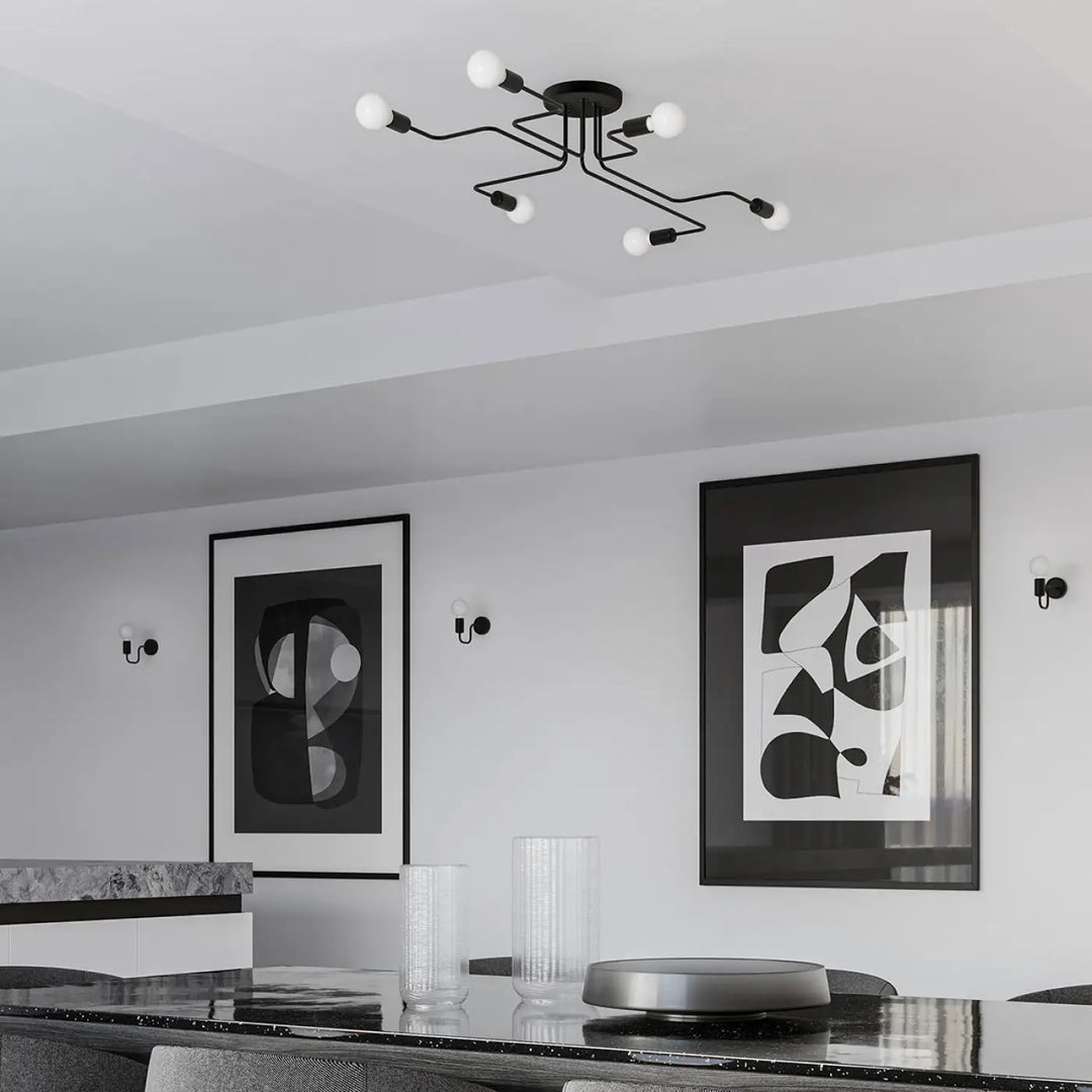 Applique murale vector noire en métal avec six globes blancs en design moderne parfait pour un loft branché