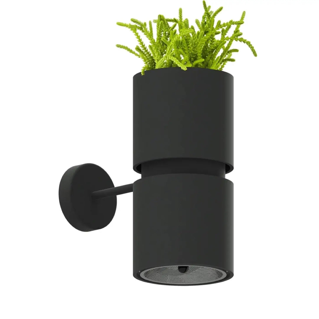 Applique murale noire avec jardinière intégrée contenant un feuillage vert vibrant design exceptionnel collection kukkia jardins suspendus