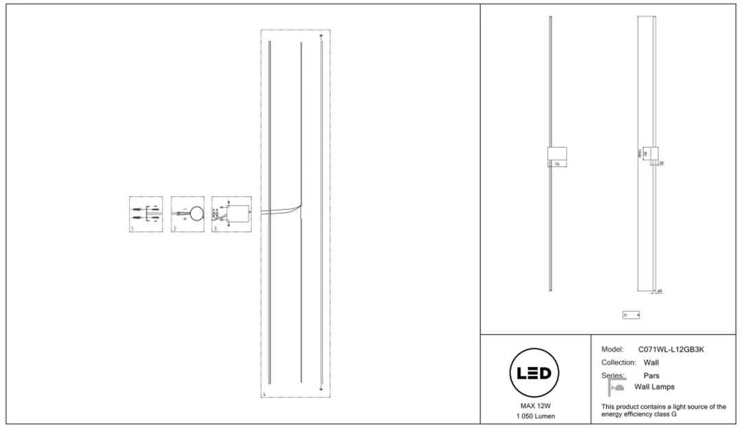 Applique murale pars led cd71wl-l12gb3k avec tige verticale design épuré en métal noir pour éclairage intérieur