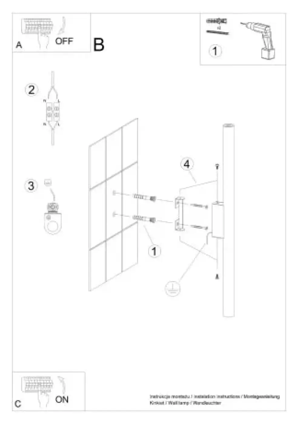 Diagram dinstallation dun applique murale pastelo avec réglette fine et quinze couleurs montrant vis et outils