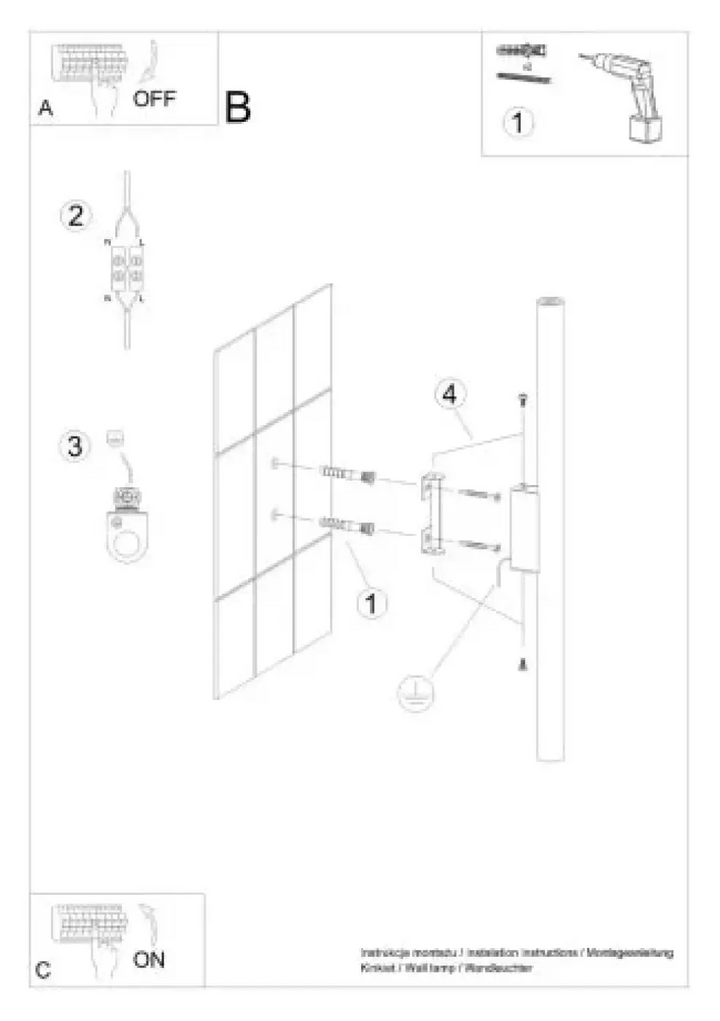 Diagram dinstallation dun applique murale pastelo avec réglette fine et quinze couleurs montrant vis et outils