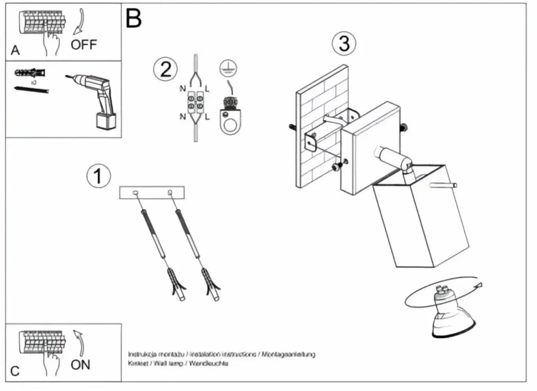 Diagram dinstallation dun spot cubique orientable avec platine carrée et ampoule gu10 pour applique murale merida