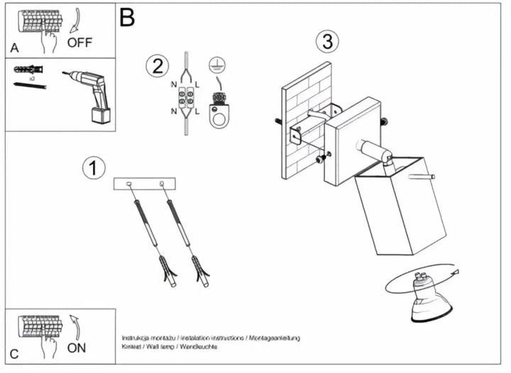 Diagram dinstallation dun spot cubique orientable avec platine carrée et ampoule gu10 pour applique murale merida