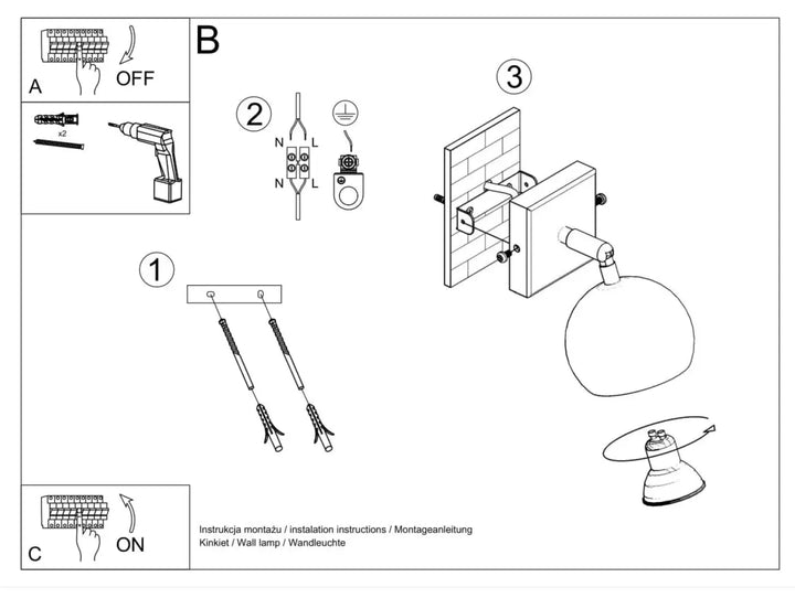 Schéma noir et blanc d’une applique murale moderne oculaire avec abat-jour sphérique et bras réglable pour illuminez précisément