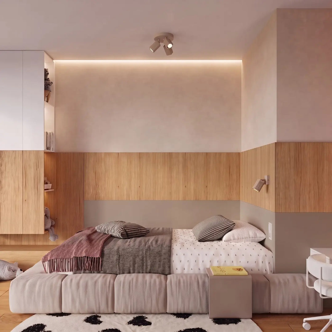 Applique murale Rayo en aluminium taupe à réflecteur rainuré dans une chambre