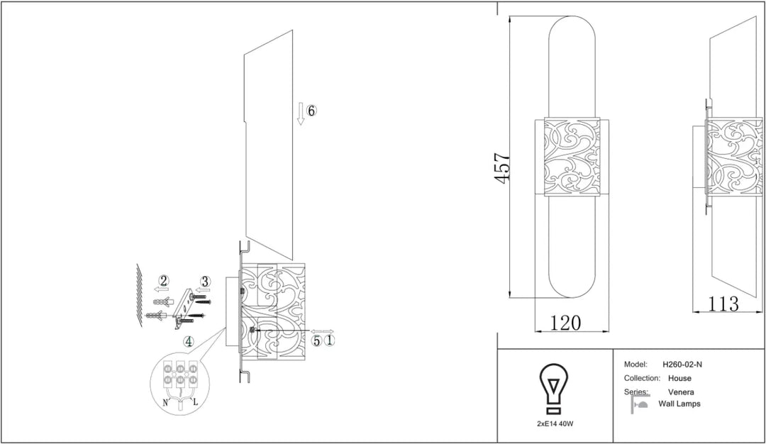 Applique murale venera modèle h260-02-n en argent avec monture dorée et décor en volutes pour intérieur élégant