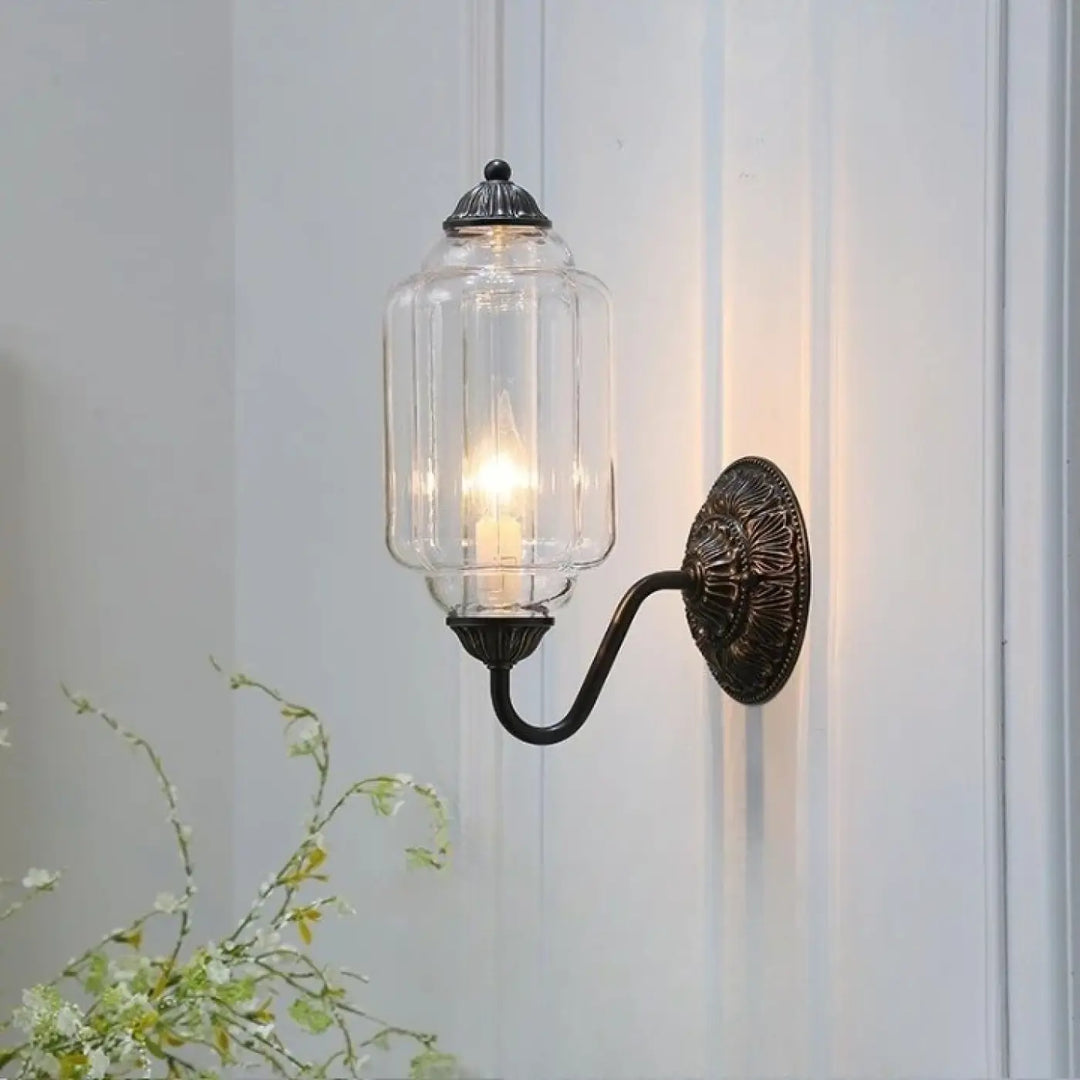 Applique murale opalys en bronze antique avec lanterne en verre clair cannelé style vintage