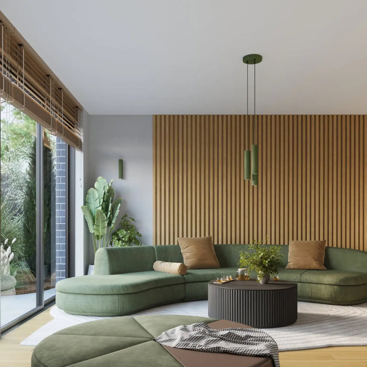 Canapé dangle en velours vert olive avec coussins marron design minimaliste pour plafonnier karbon allie