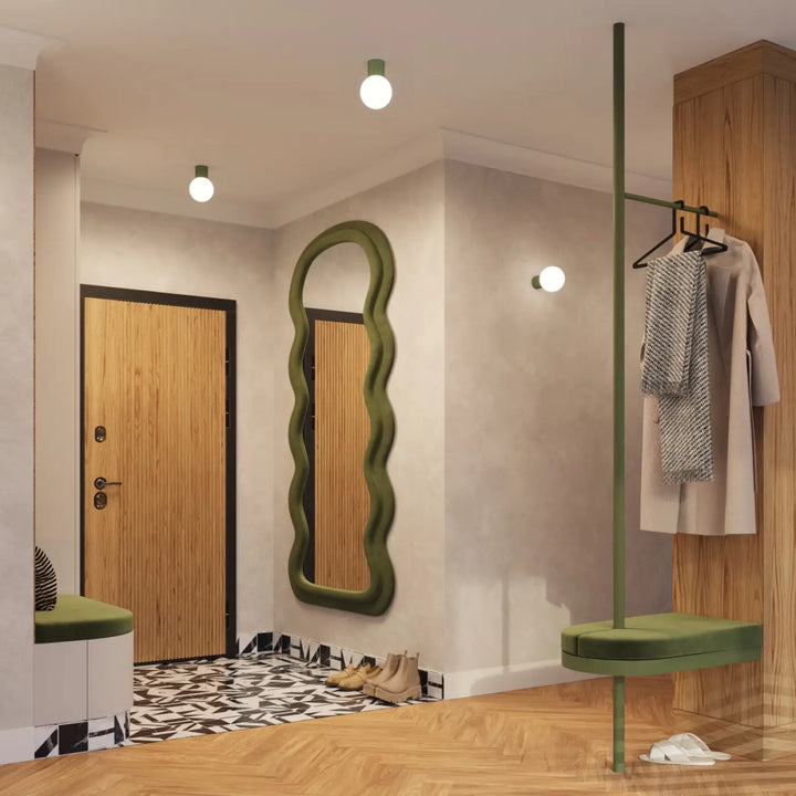 Applique murale halo vert olive avec cadre ondulé forme unique et sphère laiteuse pour une lampe halo moderne