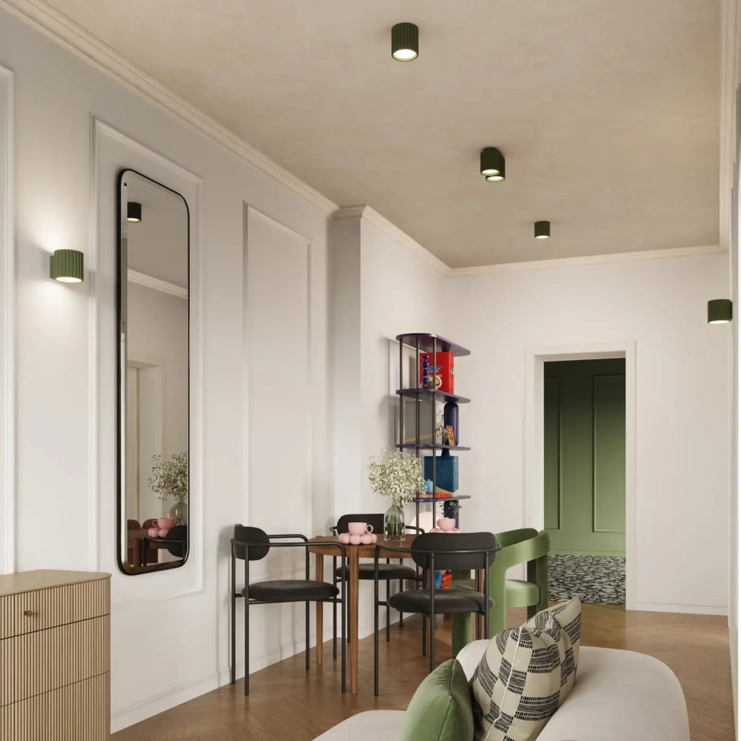 Applique murale aura vert olive avec miroir rectangulaire allongé et cadre noir forme unique inspirée