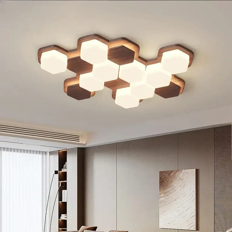 Plafonnier led design géométrique en bois moderne