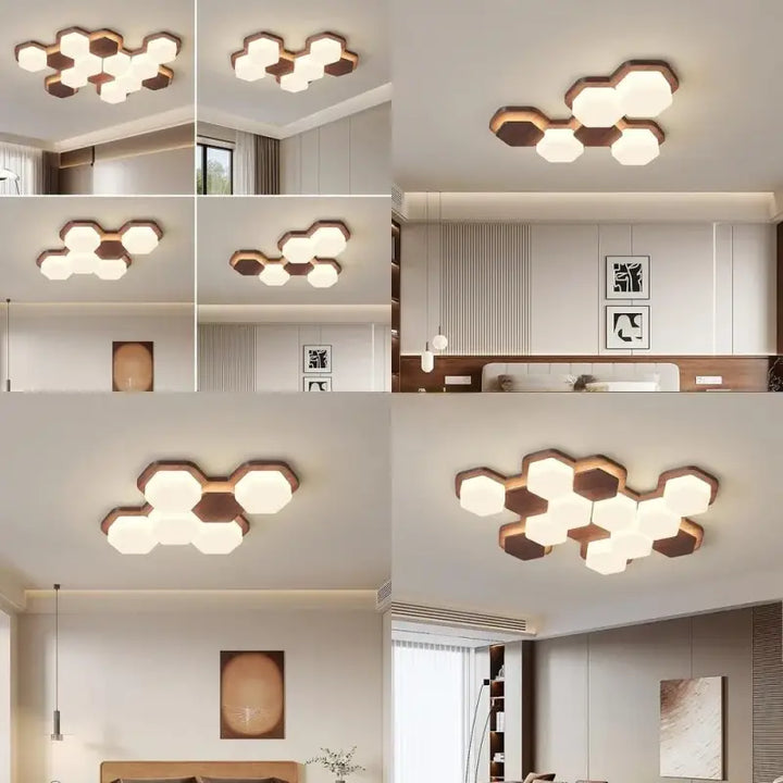 Plafonnier led design géométrique en bois moderne