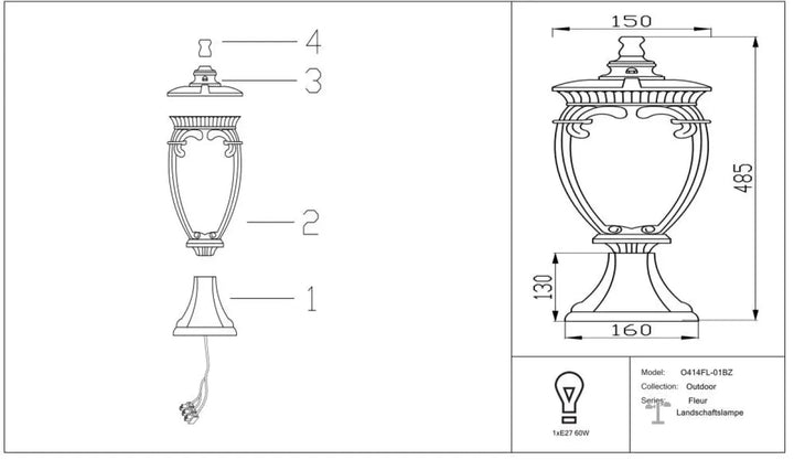Borne extérieure fleur classique avec lanterne baroque en finition noire mate et corps orné de cannelures décoratives