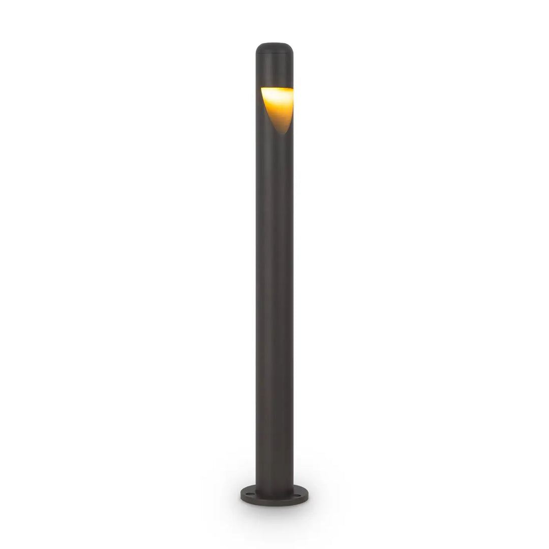 Borne extérieure cylindre étroit en acier noir avec lumière jaune chaude émise par le haut du modèle hag en forme cylindrique