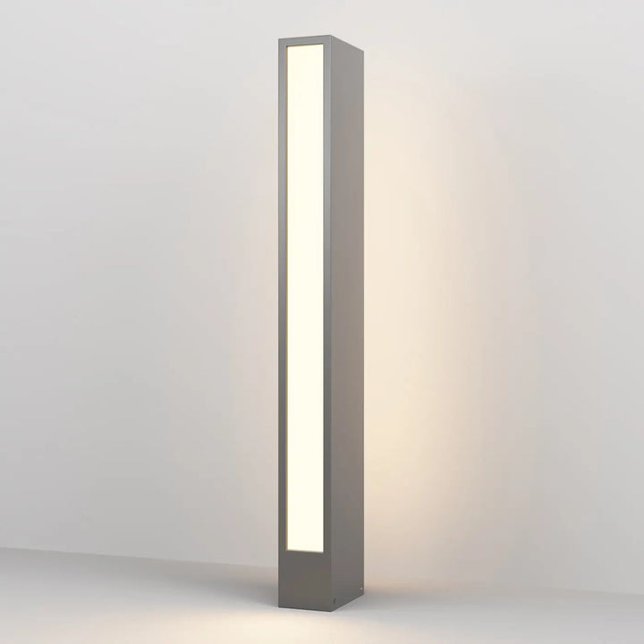 Borne extérieur hof rectangulaire en acier gris version basse avec profil rectangulaire et éclairage led chaleureux