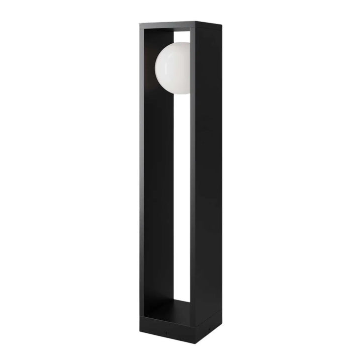 Borne extérieure led en acier noir avec lampe de sol rectangulaire et bulbe sphérique blanc indice ip65