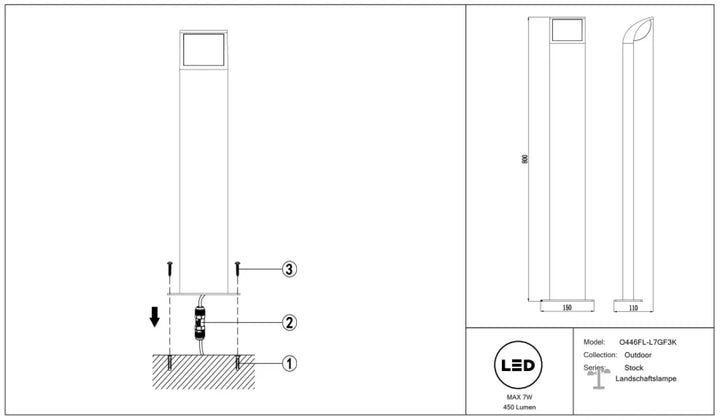 Borne extérieure led o46fl-l7gf3k cylindrique avec ouverture rectangulaire et fixation au sol pour éclairage extérieure led
