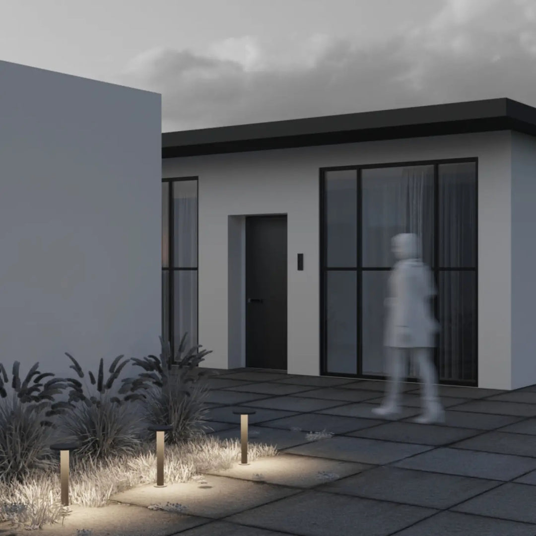 Borne extérieure led couleur acier gris anthracite avec indice ip65 et éclairage chaleureux minimaliste moderne