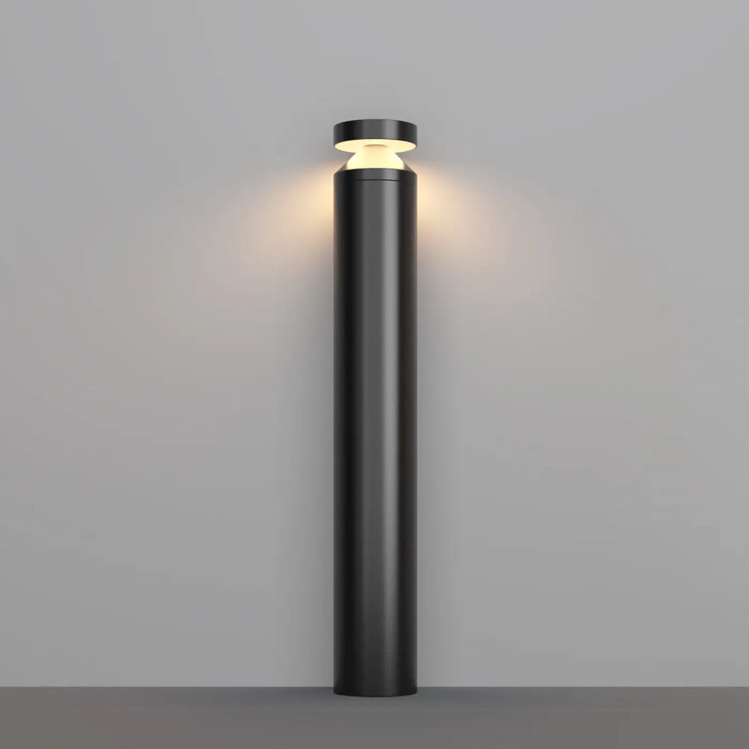 Borne extérieure cylindrique acier noir version basse avec lumière led chaude design moderne minimaliste