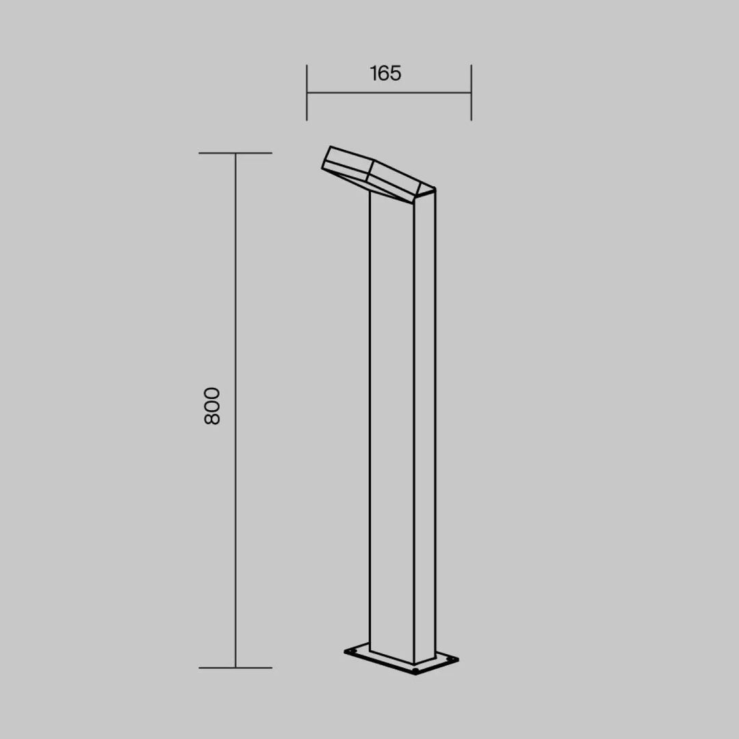 Borne paso en acier noir avec cadre asymétrique et tête angulée, luminaire led extérieur moderne de 800mm de haut