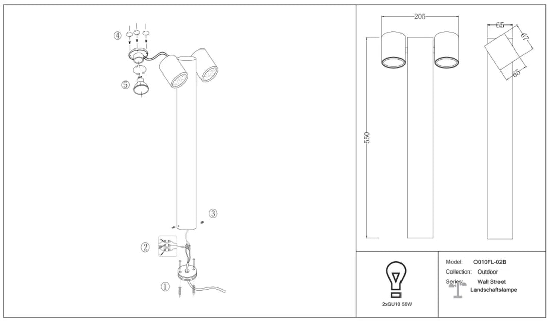 Borne extérieure wall street led avec design cylindrique minimaliste et deux ampoules gu10 50w pour usage extérieur