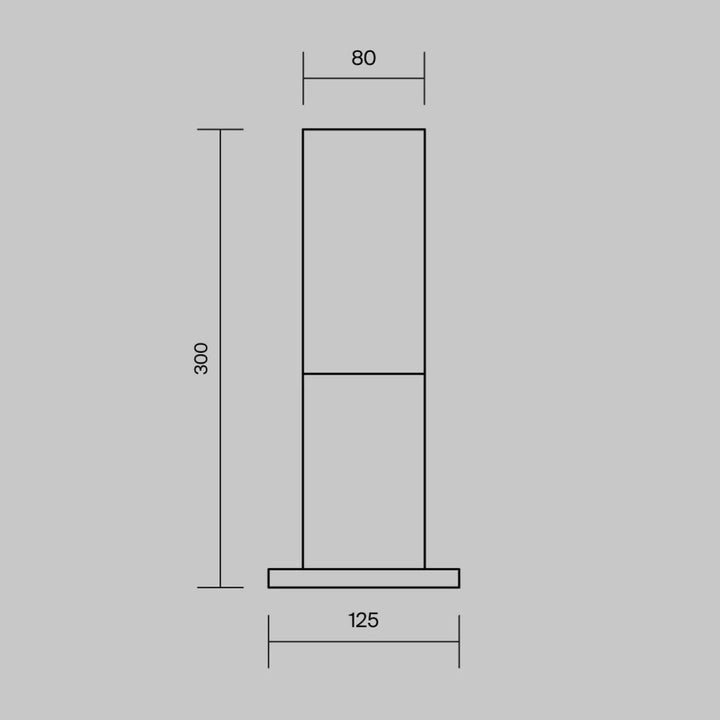Dessin au trait minimaliste d’une borne extérieure willis noire colonne fine rectangulaire de 300mm de hauteur et 125mm de base