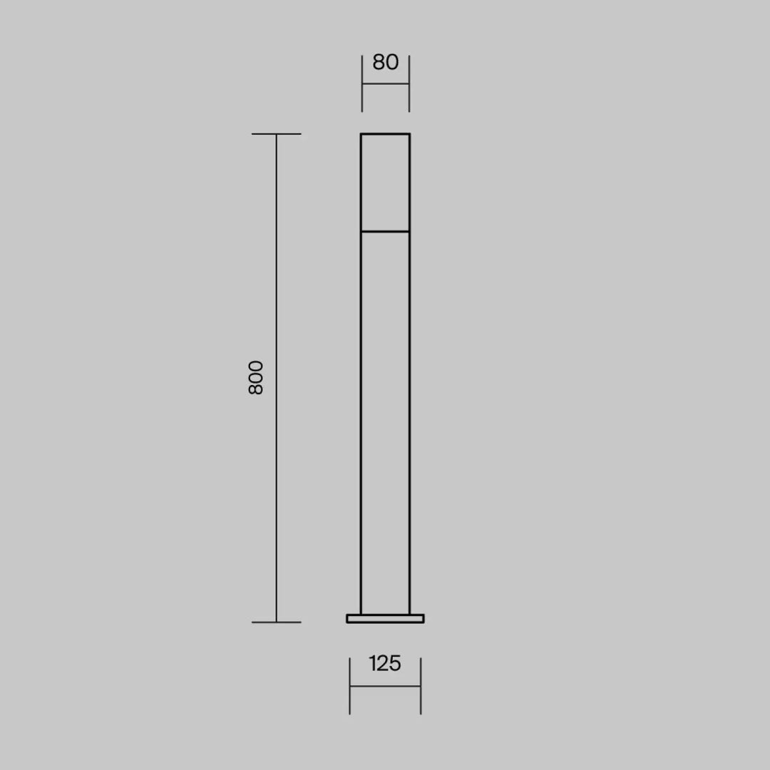Dessin minimaliste noir d’une borne extérieure willis colonne fine de 800mm de haut et 125mm de base