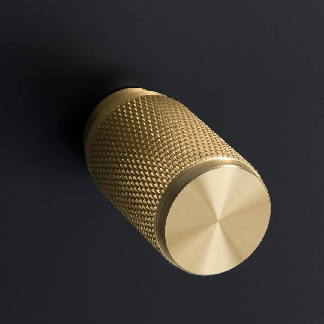 Détail d'un variateur à gravure quadrillée, finitions noir et laiton #couleur_dor