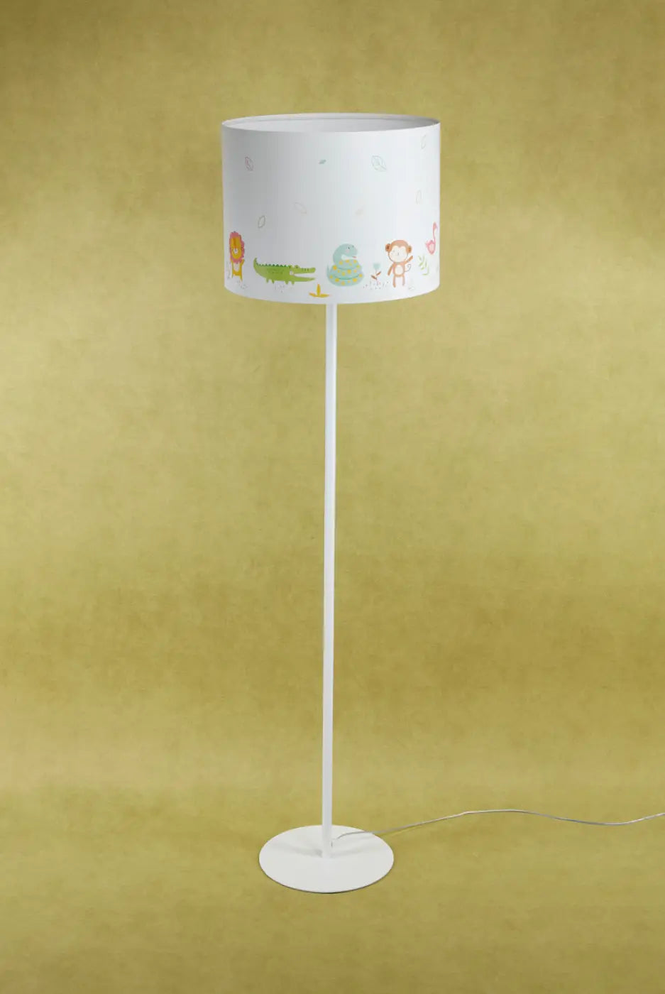 Lampadaire blanc enfant avec abat-jour cylindrique illustré d’animaux colorés pour chambre d’enfant