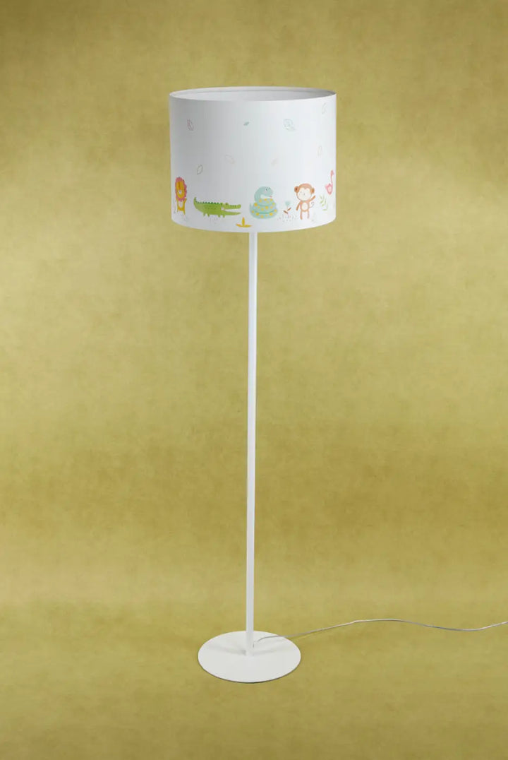 Lampadaire blanc enfant avec abat-jour cylindrique illustré d’animaux colorés pour chambre d’enfant