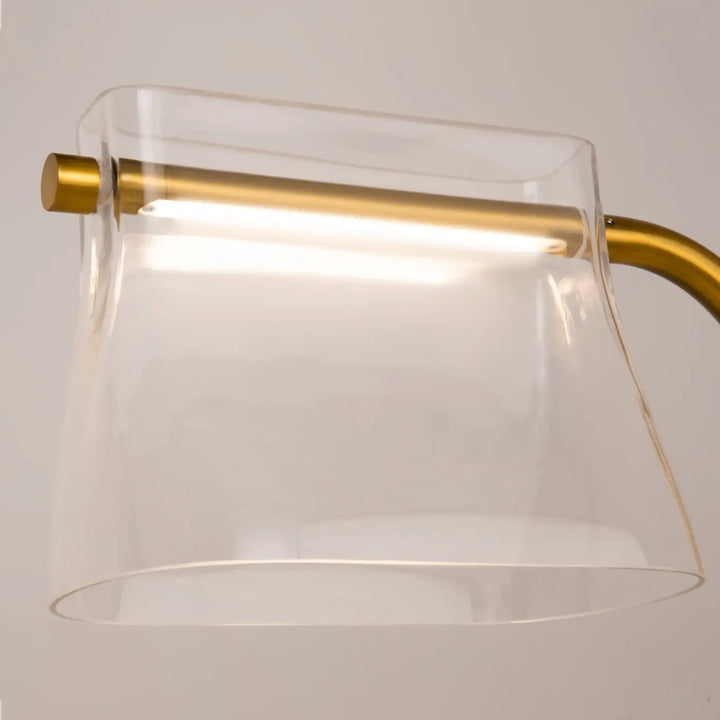 Lampadaire cabaret avec abat-jour en verre transparent et structure métal doré art déco avec barre led intégrée