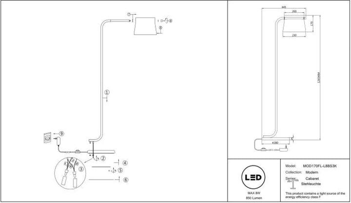 Lampadaire cabaret mod170fl-l8bs3k avec bras courbé et abat-jour cylindrique en verre transparent style art déco
