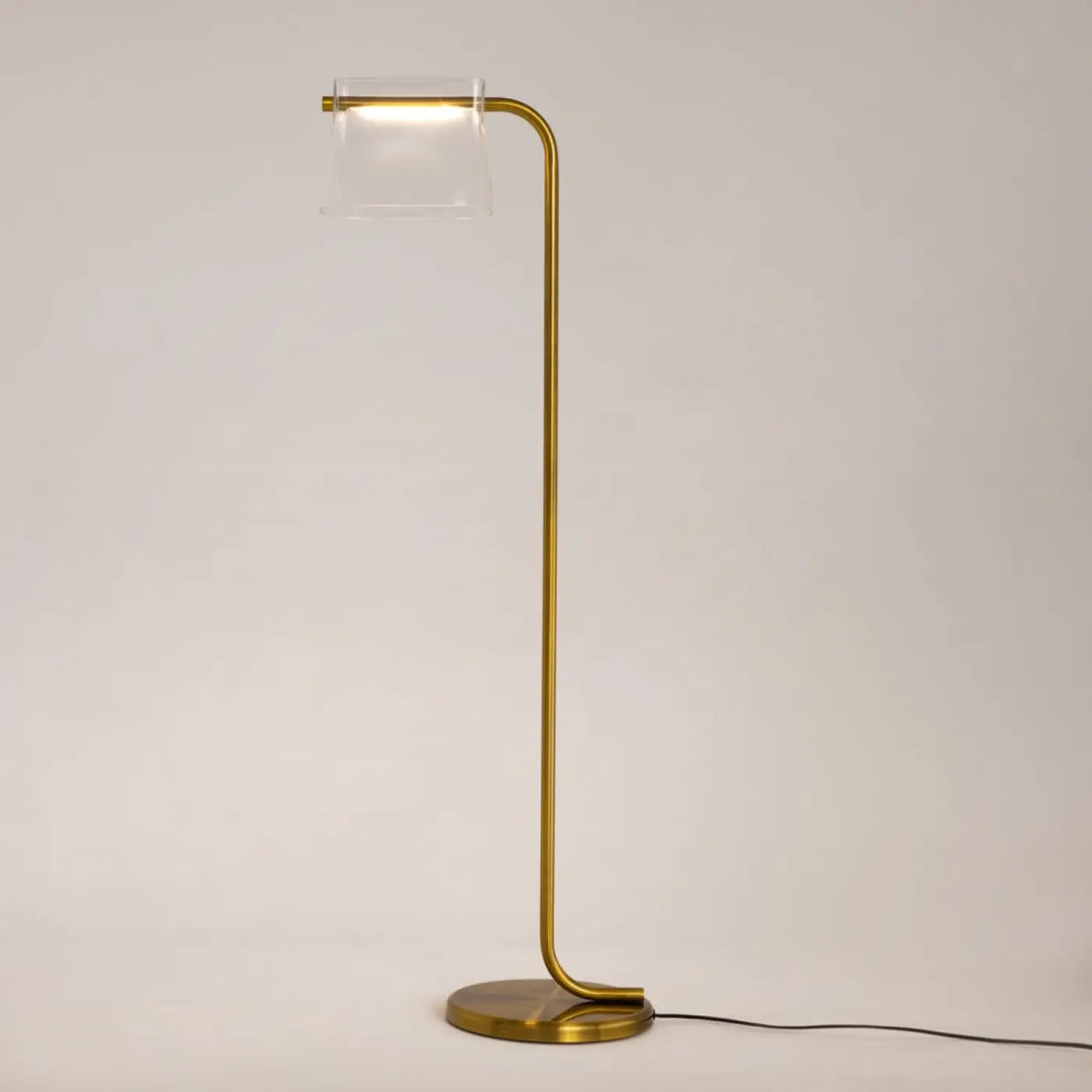 Lampadaire cabaret en laiton avec design art déco et abat-jour en verre transparent minimaliste