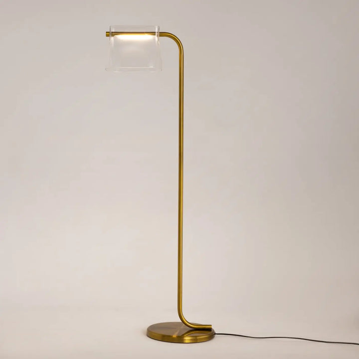 Lampadaire cabaret en laiton avec design art déco et abat-jour en verre transparent minimaliste