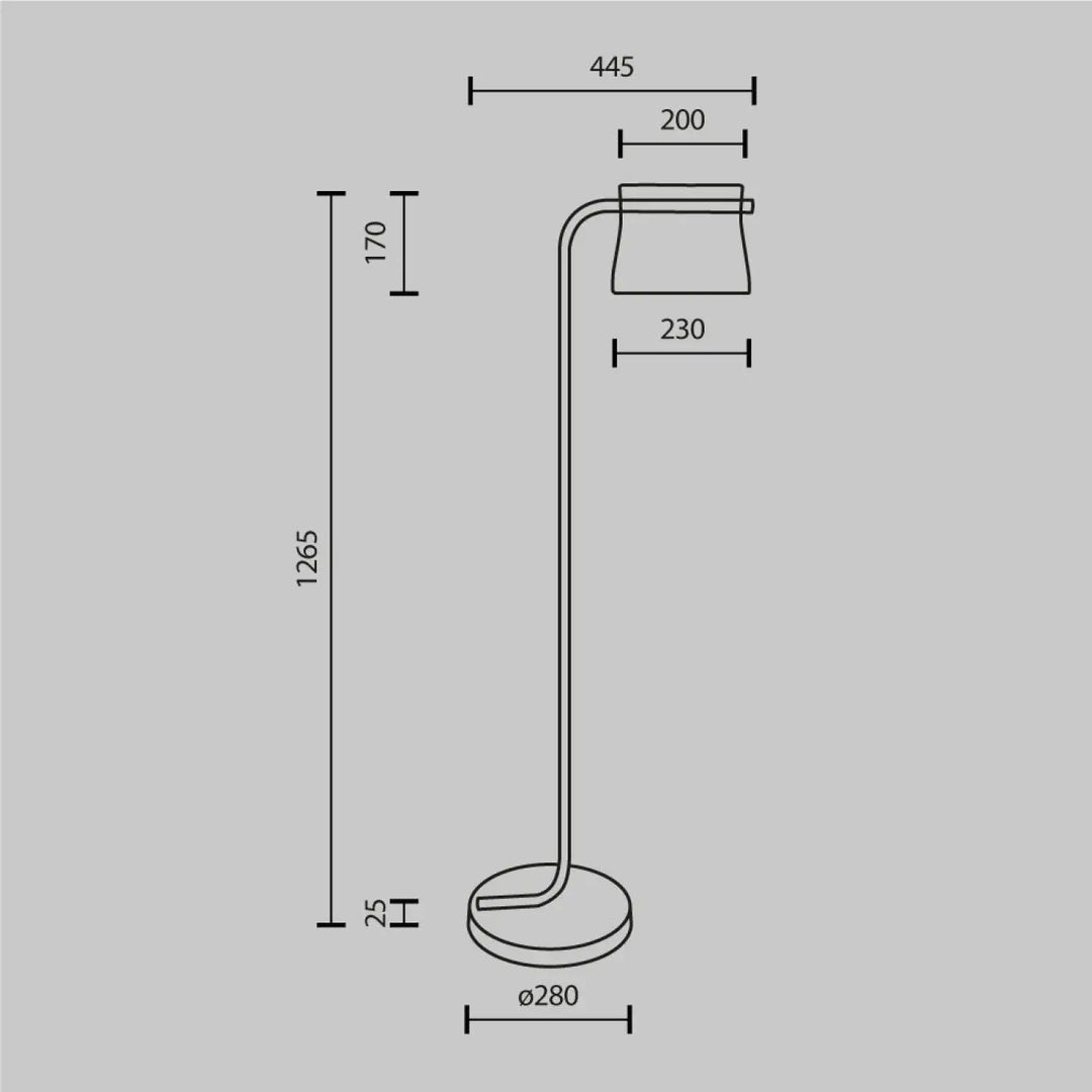 Lampadaire cabaret art déco avec tige métallique fine et base circulaire en verre transparent élégant et minimaliste