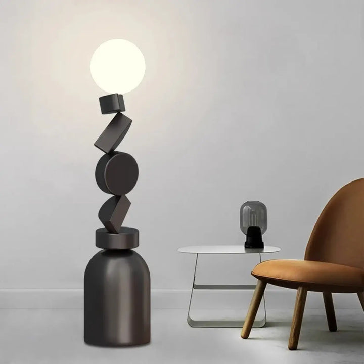 Lampadaire totex moderne noir mat avec formes géométriques empilées pour décorer root avec ampoule sphérique lumineuse