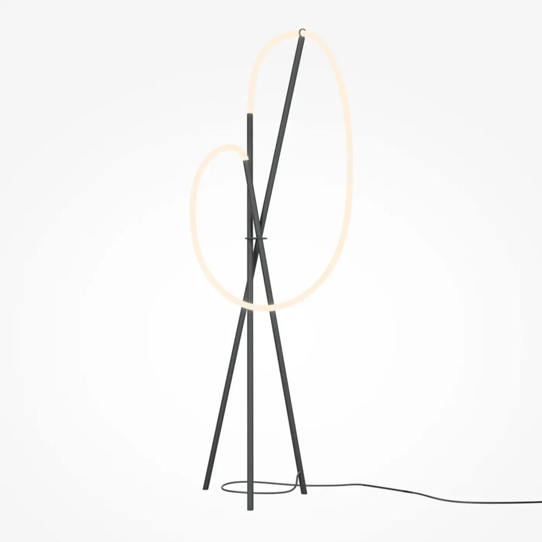Lampadaire crochet en métal noir moderne avec deux anneaux led dimmables circulaires lumineux silicone blanc
