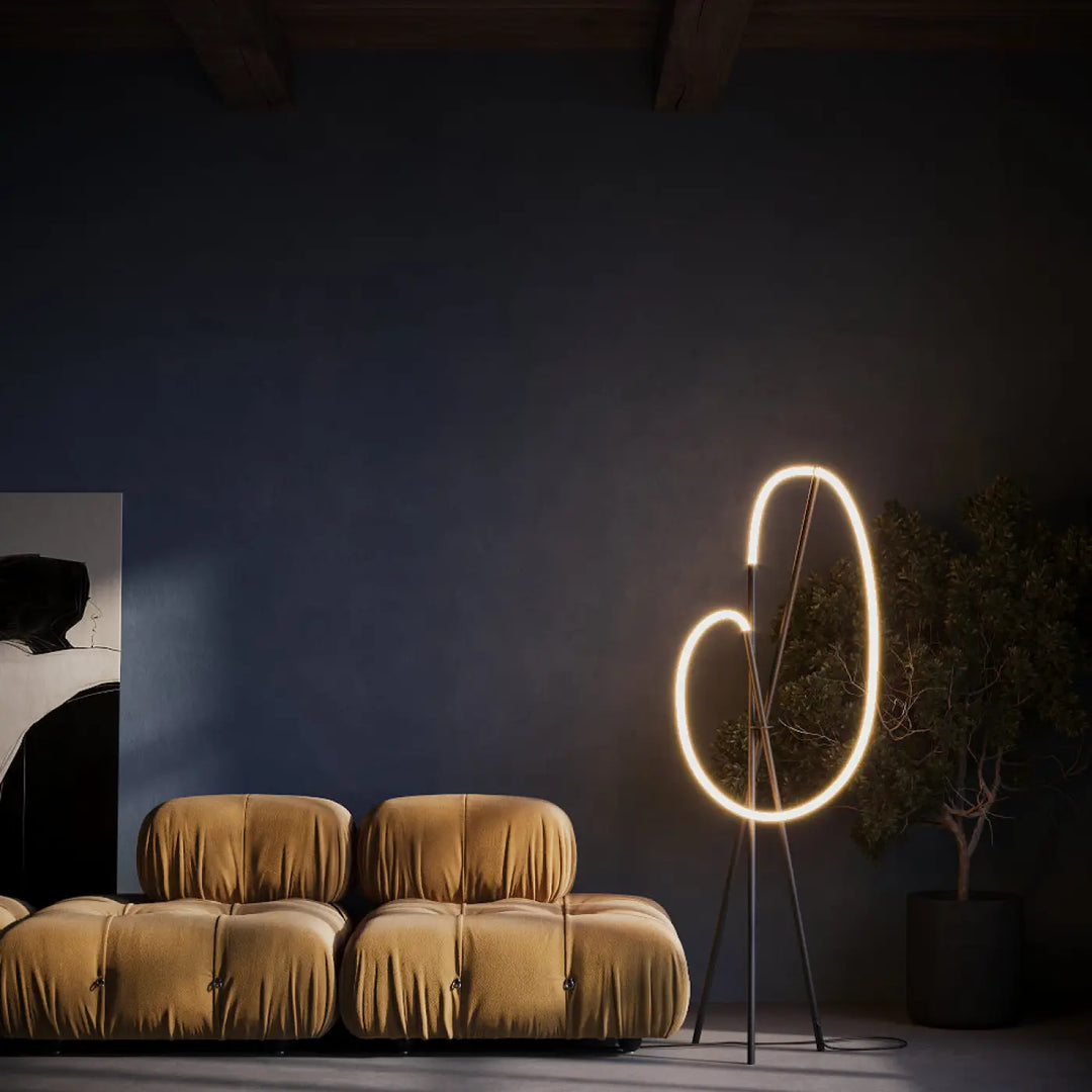 Lampadaire crochet trépied avec design néon circulaire led dimmable et pieds en métal noir minimaliste moderne