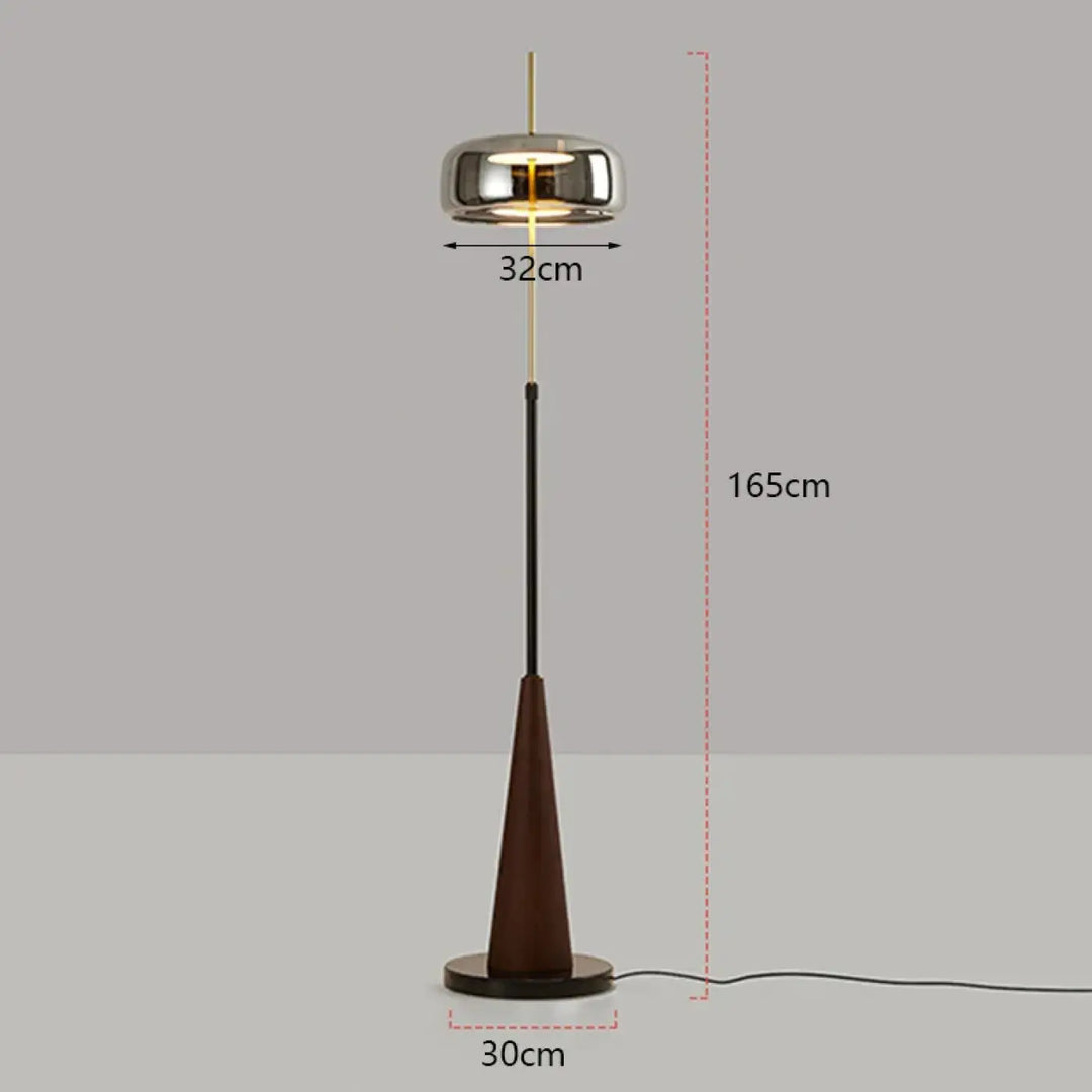 Lampadaire design rétro en bois et abat jour chromé élégant