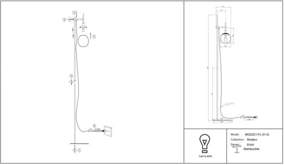 Lampadaire erich art déco avec globe orientable, design minimaliste, bras ajustable et abat-jour cylindrique noir