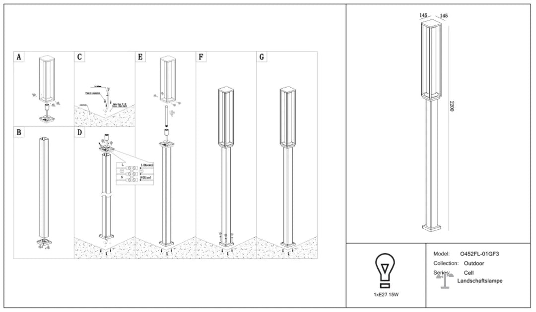 Lampadaire extérieur cell en aluminium graphite avec diffuseur transparent et tête lumineuse rectangulaire élégante