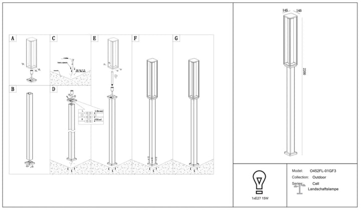 Lampadaire extérieur cell en aluminium graphite avec diffuseur transparent et tête lumineuse rectangulaire élégante