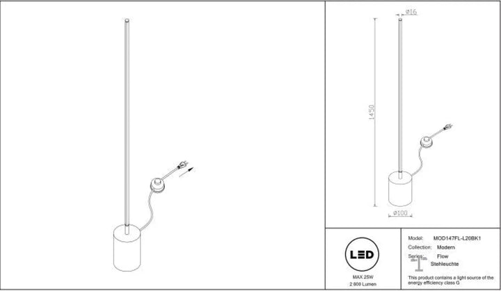 Lampadaire flow en aluminium noir avec base cylindrique et lumière réglable modèle mod147fl-l20bk-1