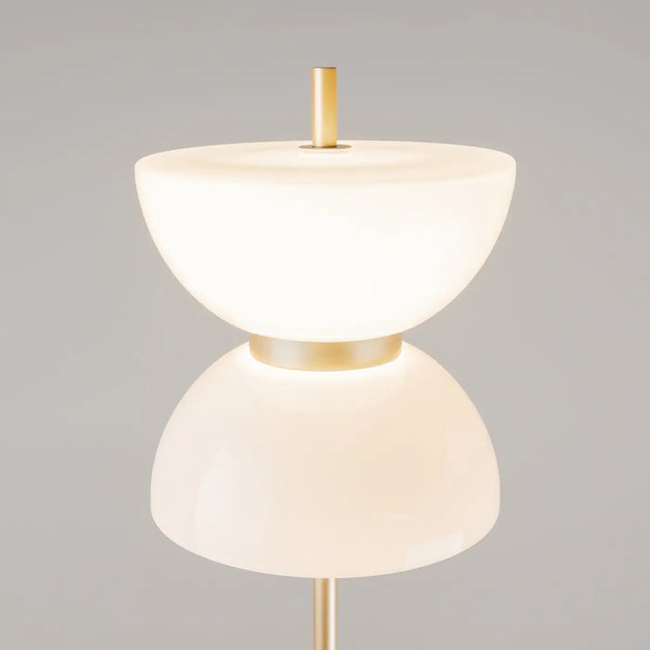 Lampadaire kyoto avec deux globes blancs givrés et tige en laiton sur base effet marbre élégante